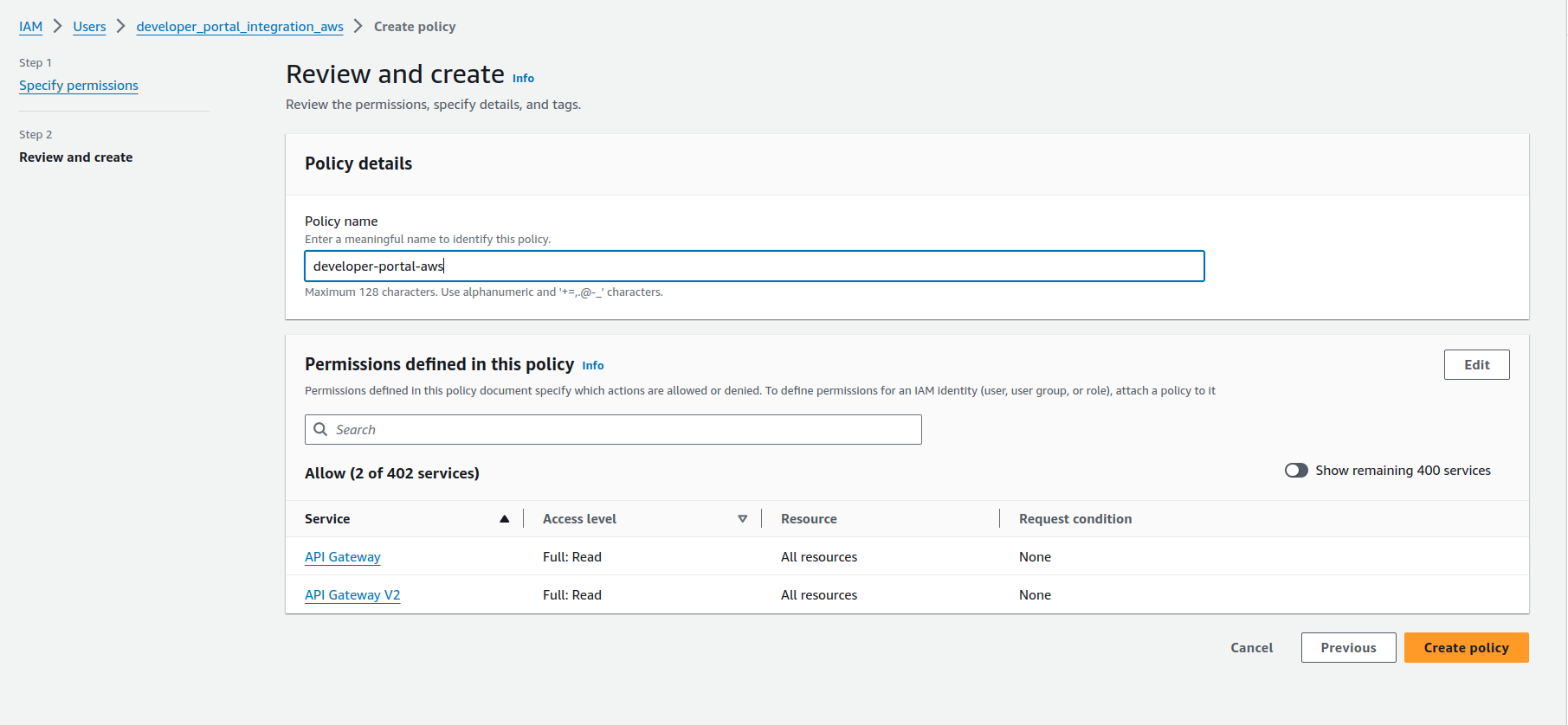 aws review create policy details