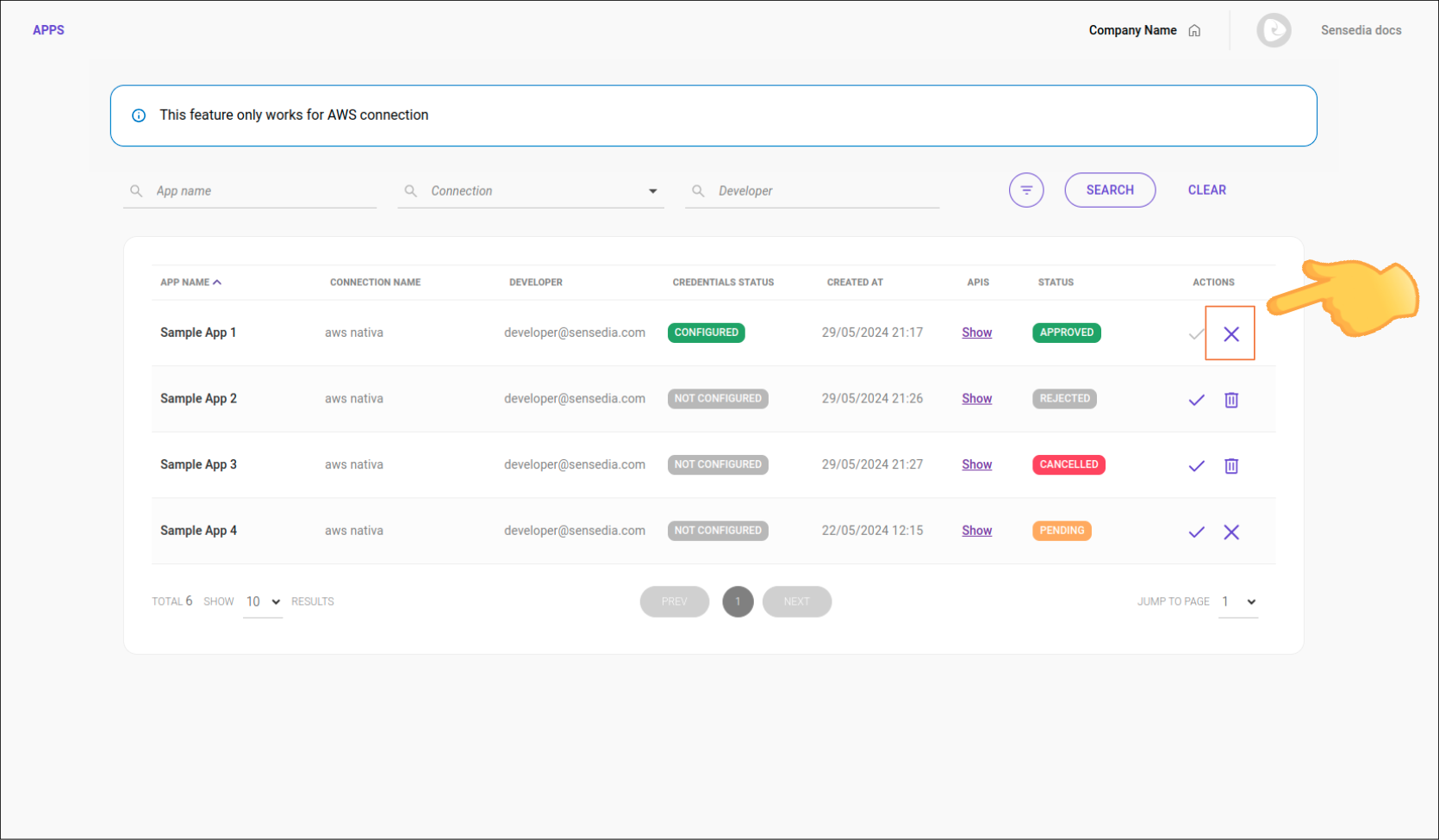 tela de consumers apps com destaque para o ícone de X