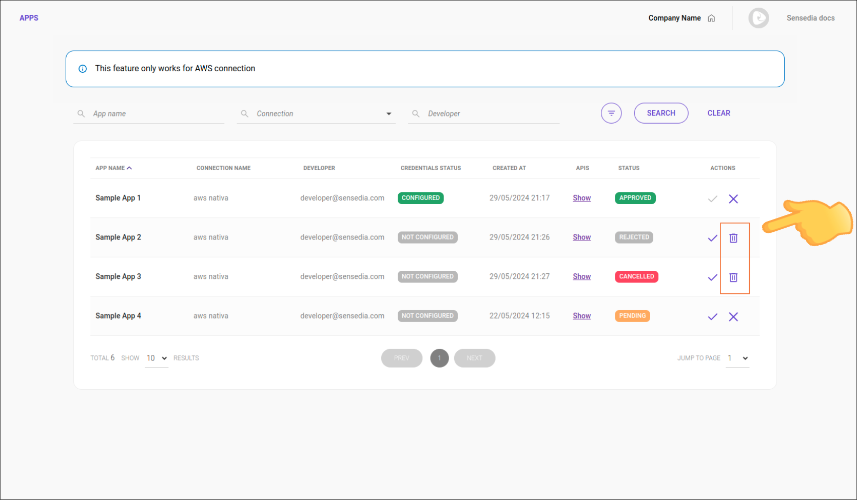 tela de consumers apps com destaque para o ícone de lixeira